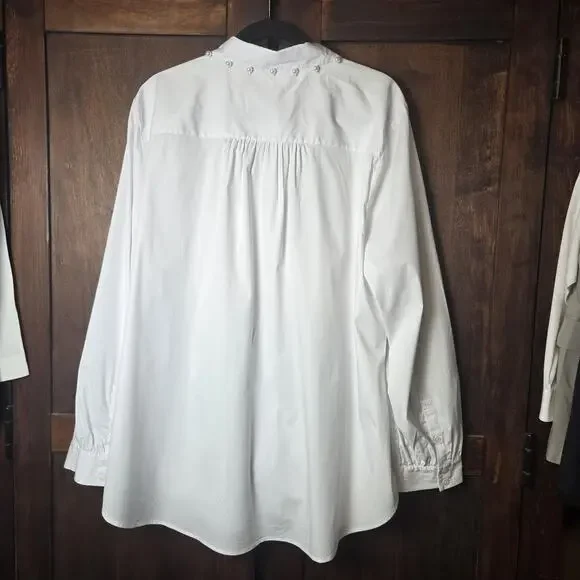 Soft Surroundings Shirt Womens 3X White Pearl Beaded Button Up Tunic Long Sleeve - Picture 6 of 11